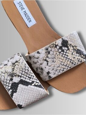 Steve Madden White and Black Snake-Print Slide Sandals